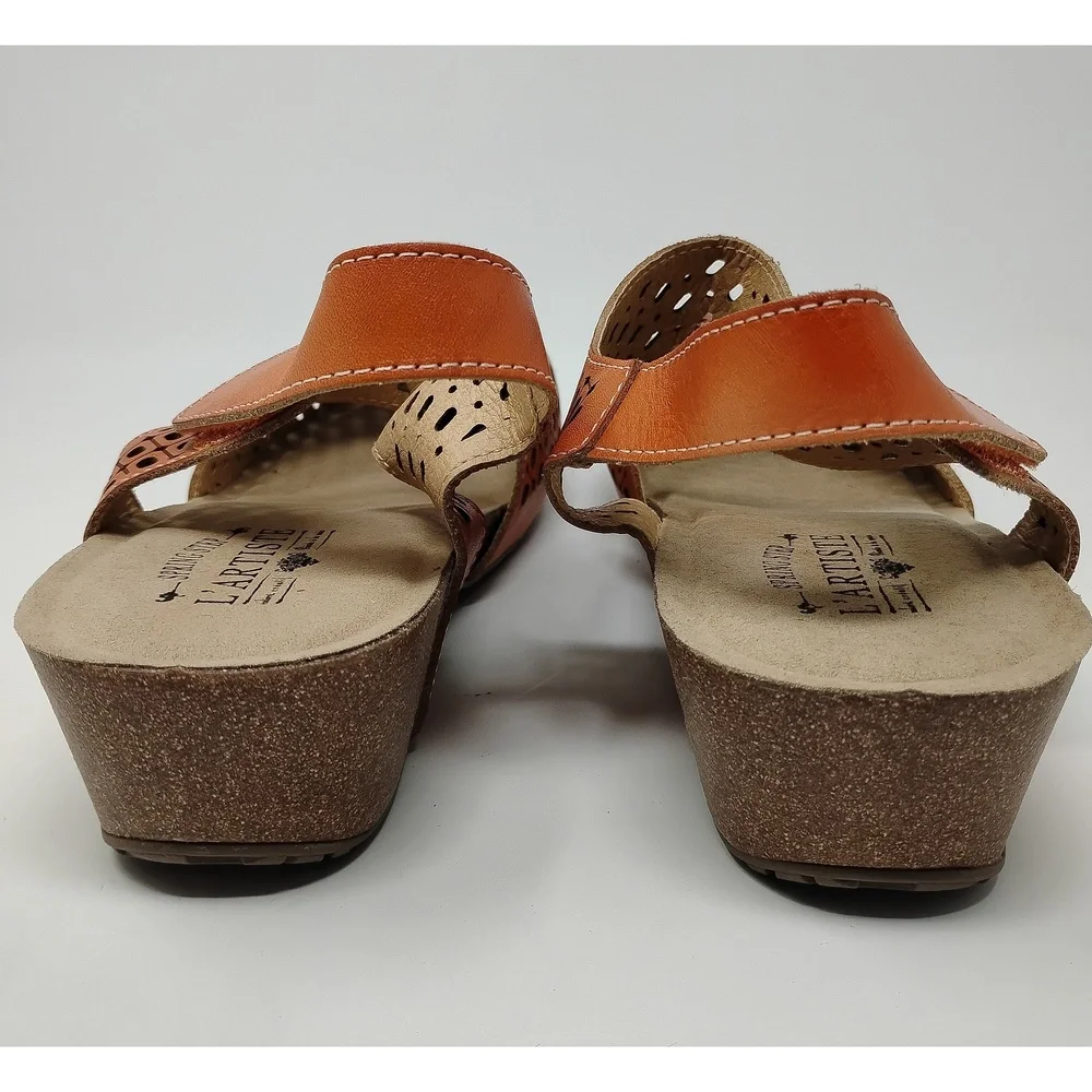 L'Artiste Leather Sandal Size 42 Boho Artisan Wedge Geometric Cutout Slip-On